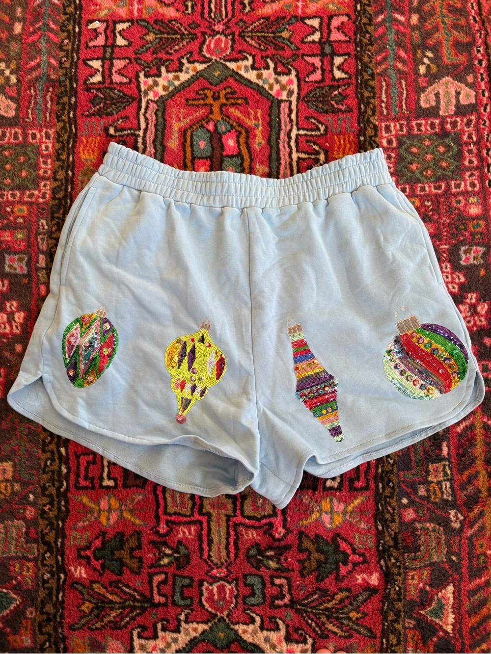 QUEEN OF SPARKLES Light Blue Sequin Ornament Athletic Shorts